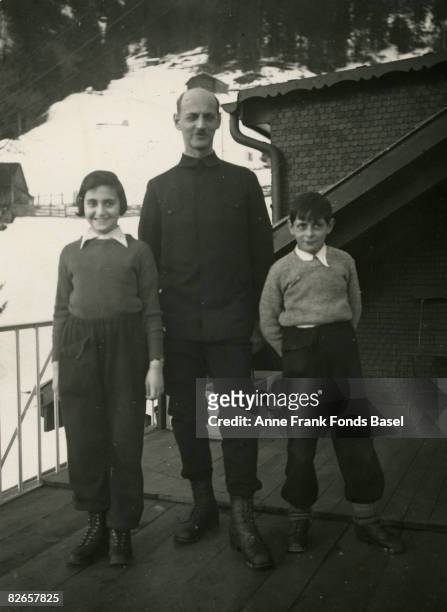 Margot and Otto Frank, sister and father of Anne Frank, with Anne's cousin Bernhard Elias during a holiday in Switzerland, 1930s.
