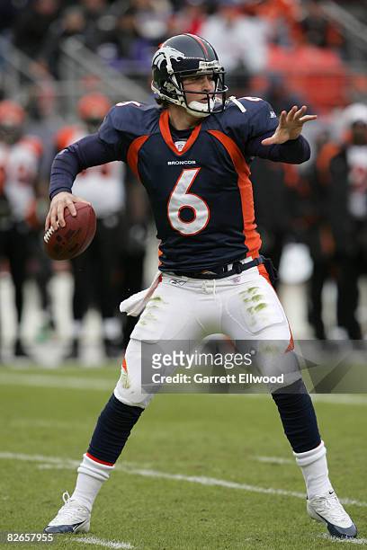 Jay Cutler of the Denver Broncos during a game between the Cincinnati Bengals and Denver Broncos at Invesco Field at Mile High Stadium in Denver,...