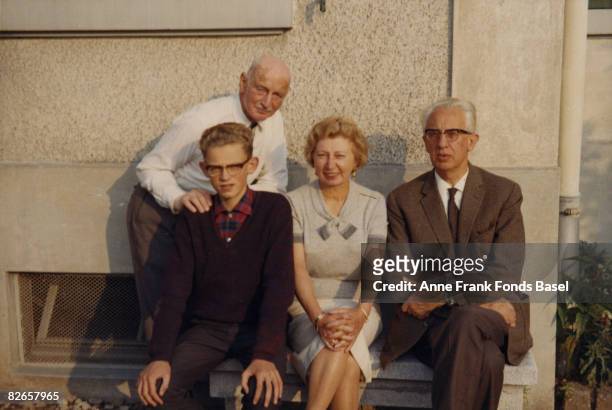 Miep and Jan Gies with their son Paul, and Otto Frank , circa 1965. Miep and Jan helped to hide Otto and his family during the German occupation of...
