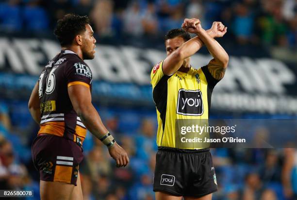 Joe Ofahengaue of the Broncos has a tackle placed on report during the round 22 NRL match between the Gold Coast Titans and the Brisbane Broncos at...