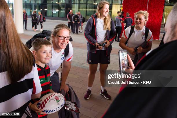 Rochelle Clark meets with fans and well wishers as the England Womens' Rugby team depart for the Rugby World Cup at Heathrow Airport on August 5,...