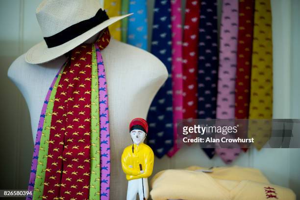 Ties for sale in the shop on day five of the Qatar Goodwood Festival at Goodwood racecourse on August 5, 2017 in Chichester, England.
