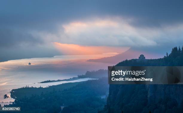 sunrise over crown point at columbia river gorge - columbia river gorge stock pictures, royalty-free photos & images