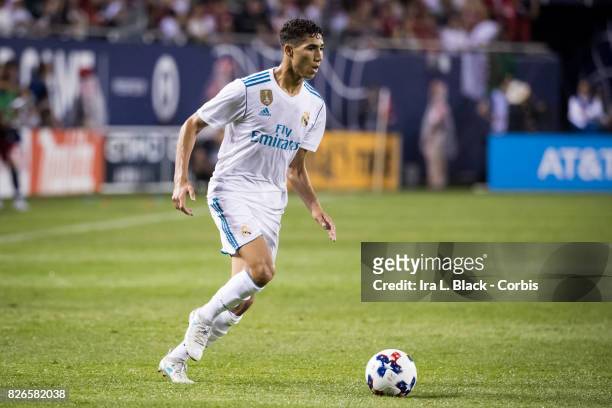 Achraf Hakimi of Real Madrid drives toward the goal during the MLS All-Star match between the MLS All-Stars and Real Madrid at the Soldier Field on...
