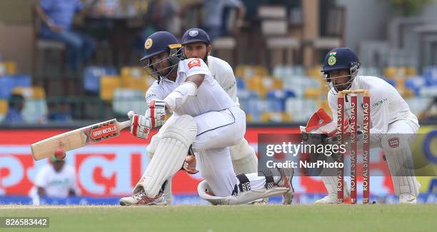 Sri Lankan cricketer Kusal Mendis plays a shot during the 3rd Day's play in the 2nd Test match between Sri Lanka and India at the SSC international...