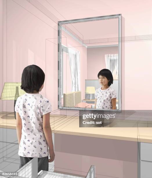 girl looking at the mirror - girls modern room foto e immagini stock