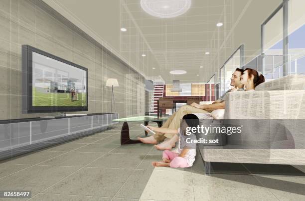 family watching tv together, flat s - asian watching tv stock pictures, royalty-free photos & images