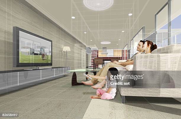 family watching tv together, flat s - tv room side imagens e fotografias de stock