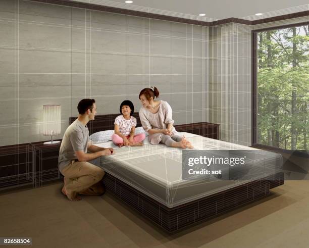 family talking in the bedroom, smiling - 3 overlapping stock pictures, royalty-free photos & images