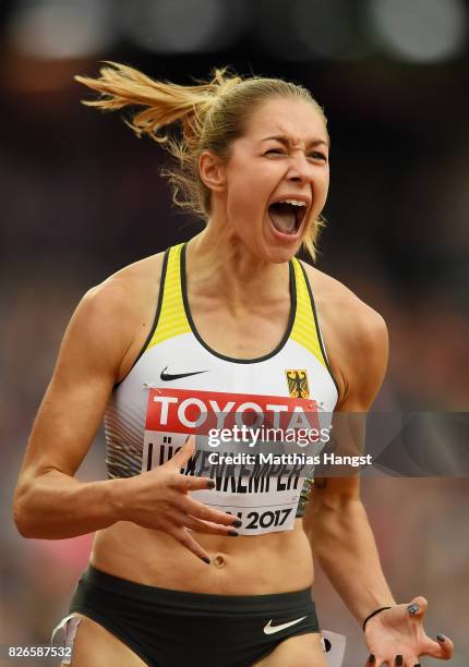 Gina Luckenkemper of Germany celebrates in the Women's 100 metres heats during day two of the 16th IAAF World Athletics Championships London 2017 at...