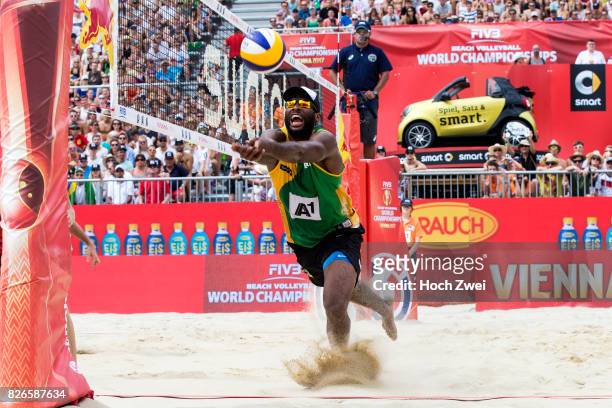 Evandro Goncalves Oliveira Junior of Brazil in action during Day 9 of the FIVB Beach Volleyball World Championships 2017 on August 5, 2017 in Vienna,...