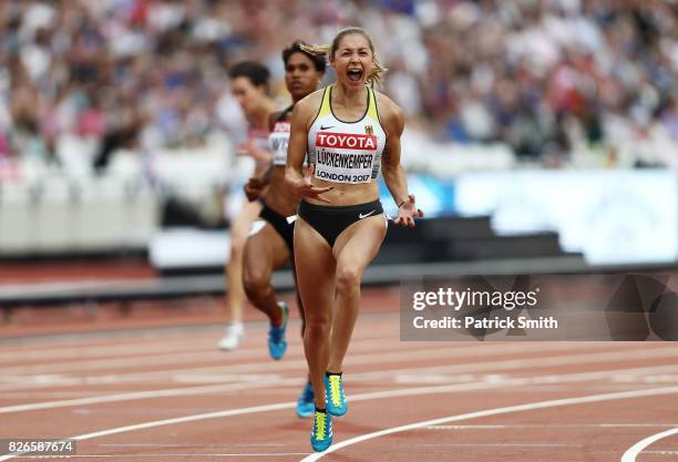 Gina Luckenkemper of Germany celebrates in the Women's 100 metres heats during day two of the 16th IAAF World Athletics Championships London 2017 at...