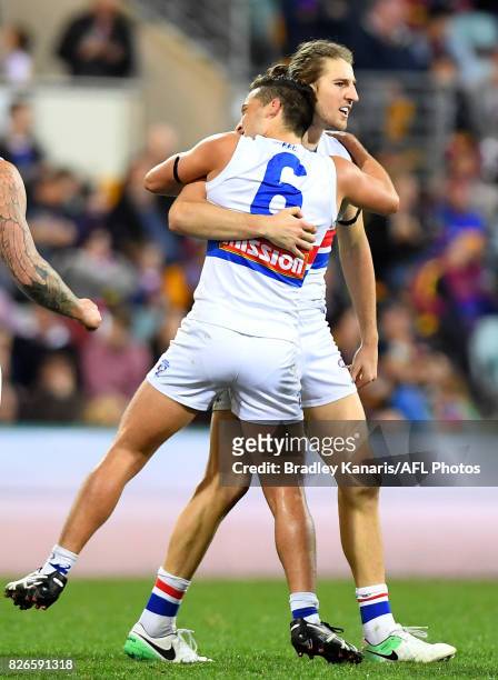 Marcus Bontempelli of the Bulldogs celebrates kicking a goal during the round 20 AFL match between the Brisbane Lions and the Western Bulldogs at The...