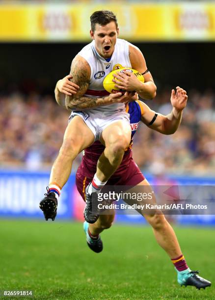 Clay Smith of the Bulldogs takes a mark during the round 20 AFL match between the Brisbane Lions and the Western Bulldogs at The Gabba on August 5,...