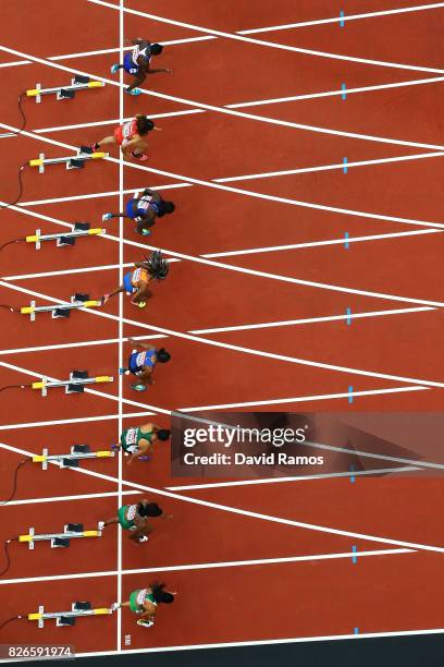 Athletes take their marks in the Women's 100 metres heats during day two of the 16th IAAF World Athletics Championships London 2017 at The London...