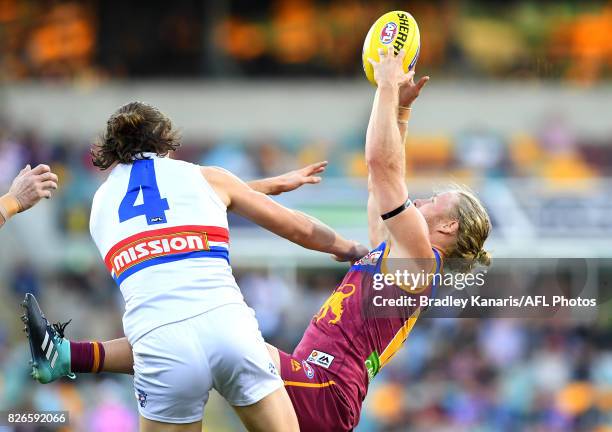 Daniel Rich of the Lions takes a mark during the round 20 AFL match between the Brisbane Lions and the Western Bulldogs at The Gabba on August 5,...