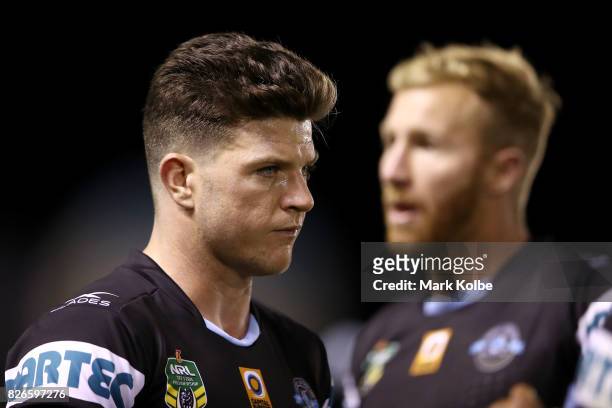 Chad Townsend of the Sharks looks dejected after defeat during the round 22 NRL match between the Cronulla Sharks and the Canberra Raiders at...
