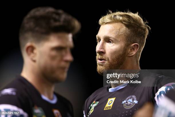 Matt Prior of the Sharks looks dejected after defeat during the round 22 NRL match between the Cronulla Sharks and the Canberra Raiders at Southern...