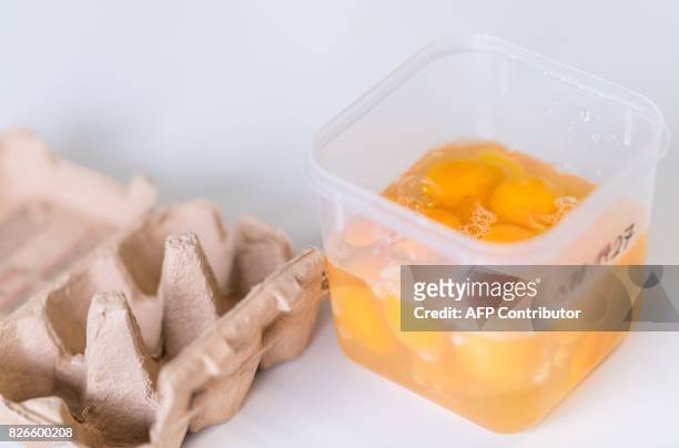 Picture taken on August 4, 2017 shows cracked eggs in a laboratory of the Chemisches Veterinäruntersuchungsamt Münsterland-Emscher-Lippe in Muenster,...