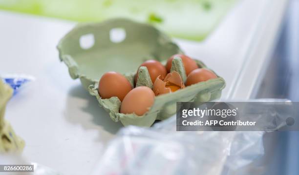 Picture taken on August 4, 2017 shows a package of eggs in a laboratory of the Chemisches Veterinäruntersuchungsamt Münsterland-Emscher-Lippe in...