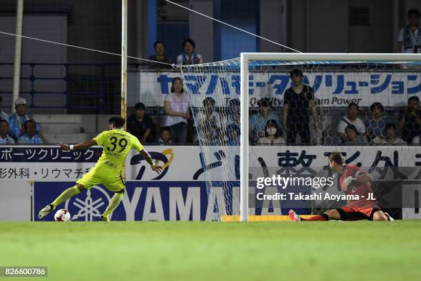 Patric of Sanfrecce Hiroshima scores his side's second goal during the J.League J1 match between Jubilo Iwata and Sanfrecce Hiroshima at Yamaha...