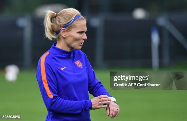 Netherlands' coach Sarina Wiegman looks on during a training session in the eve of the UEFA Women's Euro 2017 football tournament final match against...