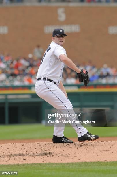 Nate Robertson of the Detroit Tigers pitches during the game against the Oakland Athletics at Comerica Park in Detroit, Michigan on August 10, 2008....