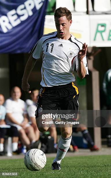 Fabian Baecker of Germany plays with the ball during the U19 match between Czech Republic and Germany at the stadium on September 4, 2008 in Cesky...