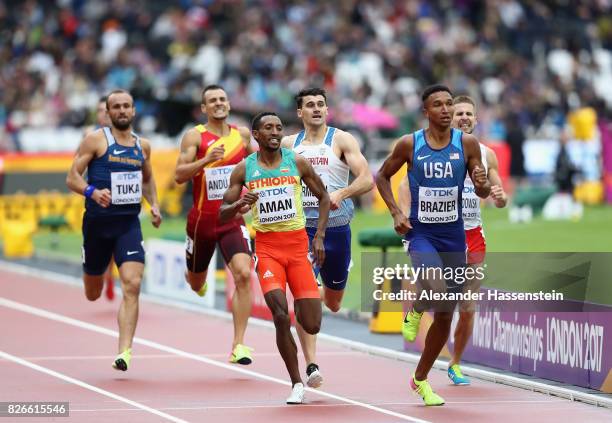 Donavan Brazier of the United States leads the mens 800m heats during day two of the 16th IAAF World Athletics Championships London 2017 at The...