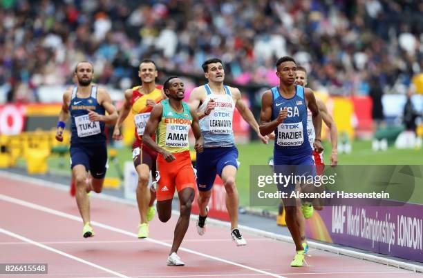 Donavan Brazier of the United States leads the mens 800m heats during day two of the 16th IAAF World Athletics Championships London 2017 at The...