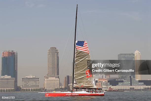 Richard Branson's sailboat with which he will attempt to break the trans-Atlantic record "Virgin Money" sails at North Cove Marina on September 4,...