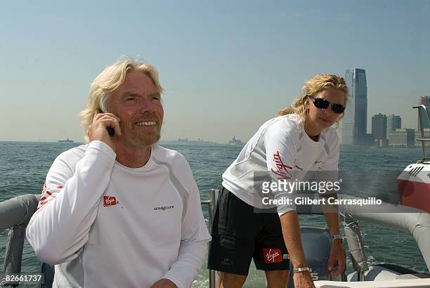 Richard Branson on board his sailboat "Virgin Money" with which he will attempt to break the trans-Atlantic record sails at North Cove Marina on...