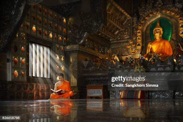 novice monk reading the holy book. - ayuthaya imagens e fotografias de stock