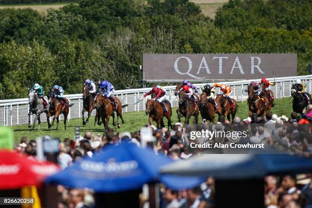 Oisin Murphy riding Scorching Heat win The Qatar Stewards Sprint Handicap Stakes on day five of the Qatar Goodwood Festival at Goodwood racecourse on...