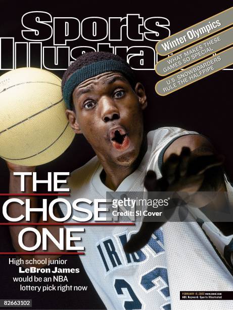 February 18, 2002 Sports Illustrated Cover: High School Basketball: Closeup portrait of St. Vincent-St. Mary HS LeBron James with ball at STVM...