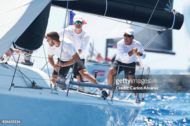 King Felipe VI of Spain compites on board of Aifos during the 36th Copa Del Rey Mafre Sailing Cup on August 5, 2017 in Palma de Mallorca, Spain.