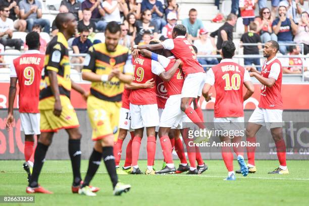 Team of Reims celebrates a goal during the French Ligue 2 match between Reims and Orleans at Stade Auguste Delaune on August 5, 2017 in Reims, France.