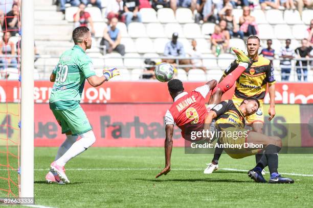 Anat Ngamukol of Reims scores a goal but referee will cancel it for outside position during the French Ligue 2 match between Reims and Orleans at...