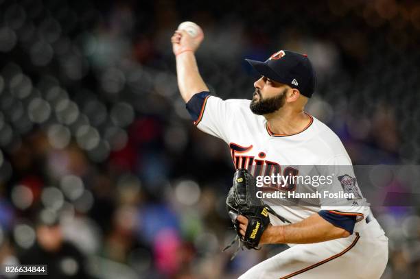 Dillon Gee of the Minnesota Twins delivers a pitch against the Texas Rangers during the game on August 3, 2017 at Target Field in Minneapolis,...