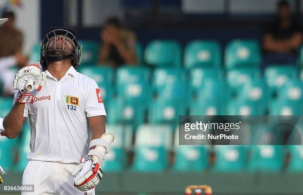Sri Lankan cricketer Kusal Mendis reacts after his dismissal during the 3rd Day's play in the 2nd Test match between Sri Lanka and India at the SSC...