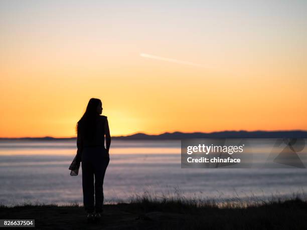 beautiful asian woman standing at friday harbor during sunset - back friday stock pictures, royalty-free photos & images