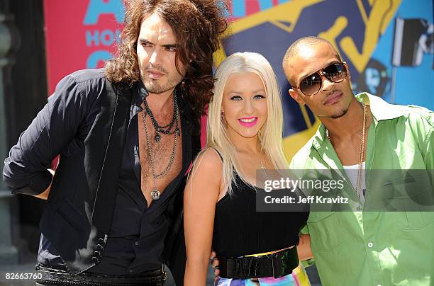 Russell Brand, Christina Aguilera and TI attend the 2008 MTV Video Music Awards Official Press Conference at Paramount Studios on September 4, 2008...