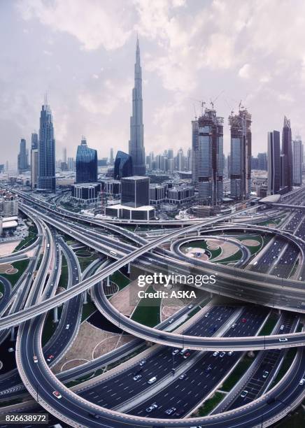 highway junction viewed from burj khalifa, dubai, uae - dubai burj khalifa stock pictures, royalty-free photos & images