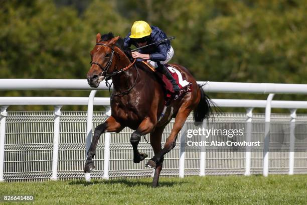 Ryan Moore riding Crystal Ocean win The Qatar Gordon Stakes on day five of the Qatar Goodwood Festival at Goodwood racecourse on August 5, 2017 in...