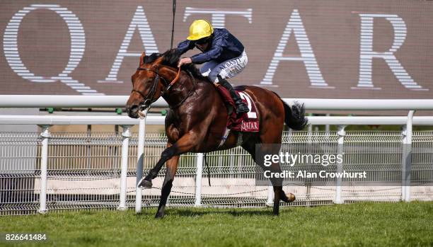 Ryan Moore riding Crystal Ocean win The Qatar Gordon Stakes on day five of the Qatar Goodwood Festival at Goodwood racecourse on August 5, 2017 in...