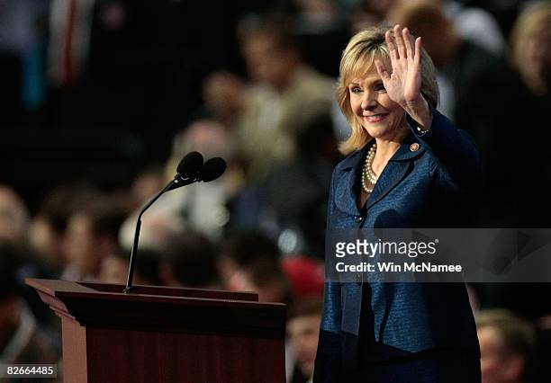 Rep. Mary Fallin waves to the crowd on day four of the Republican National Convention at the Xcel Energy Center on September 4, 2008 in St. Paul,...