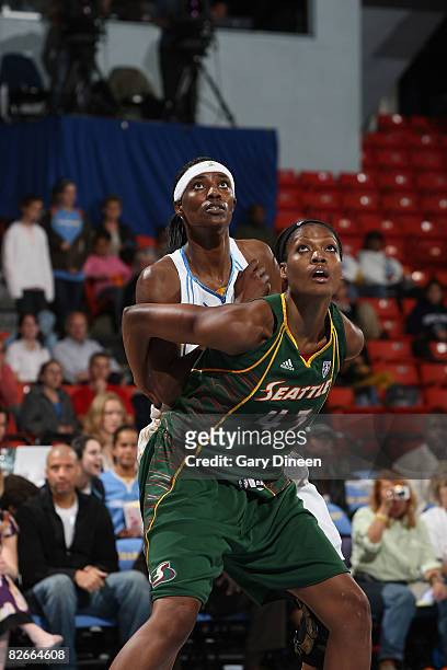 Ashley Robinson of the Seattle Storm battles for position with Sylvia Fowles of the Chicago Sky during the WNBA game on September 4, 2008 at the UIC...