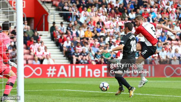 Jack Stephens of Southampton scores during the pre-season friendly between Southampton FC and Sevilla at St. Mary's Stadium on August 5, 2017 in...