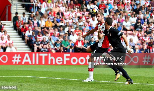 Jack Stephens of Southampton scores during the pre-season friendly between Southampton FC and Sevilla at St. Mary's Stadium on August 5, 2017 in...