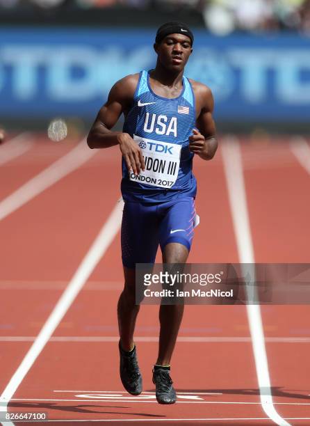 Wilbert London III of United States competes in the Men's 400m heats during day two of the 16th IAAF World Athletics Championships London 2017 at The...